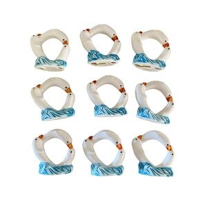 Set of 9 Vintage White Dolphin Ceramic Porcelain Napkin Rings Holder Coastal